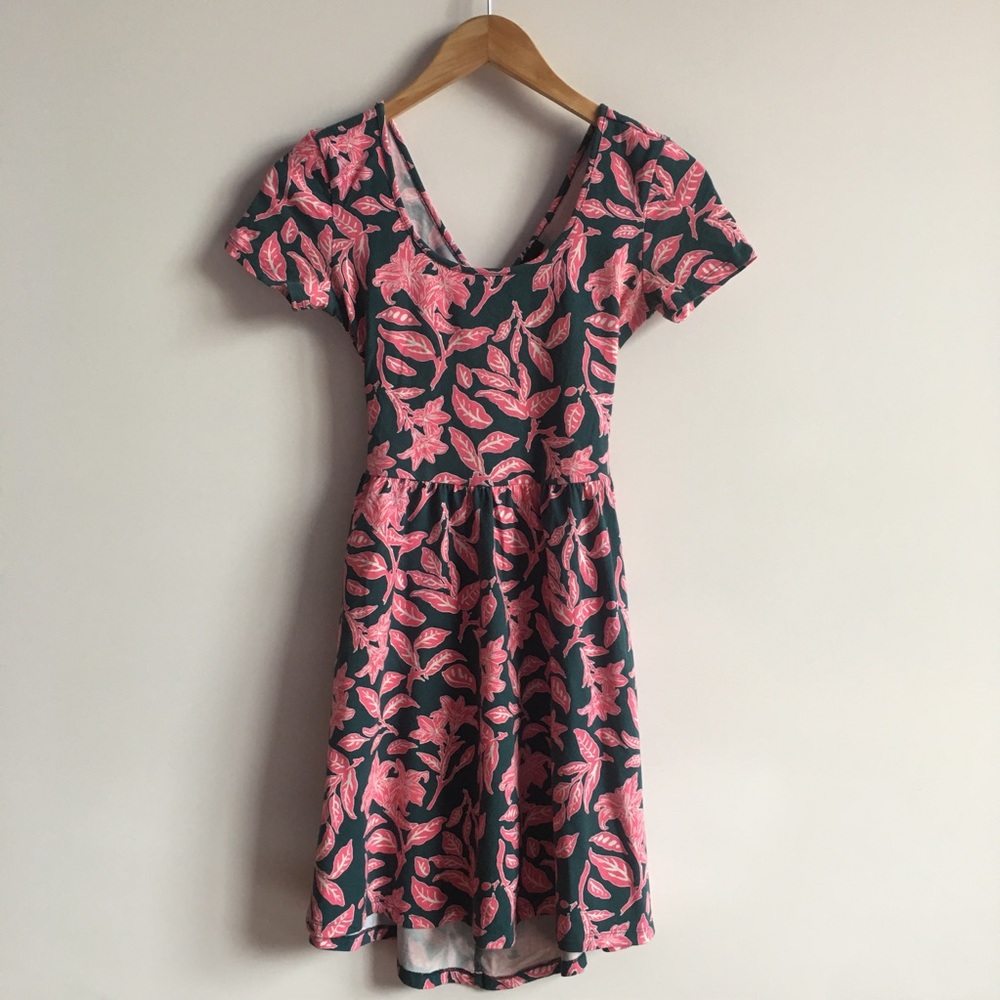 Forever 21 Green & Floral Pink Skater Dress